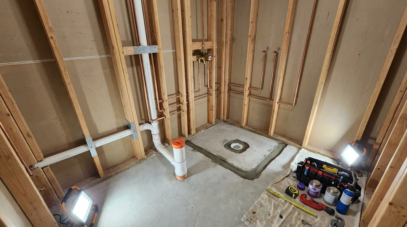 Bathroom rough-in plumbing during remodel by Johns Plumbing LLC in Manson