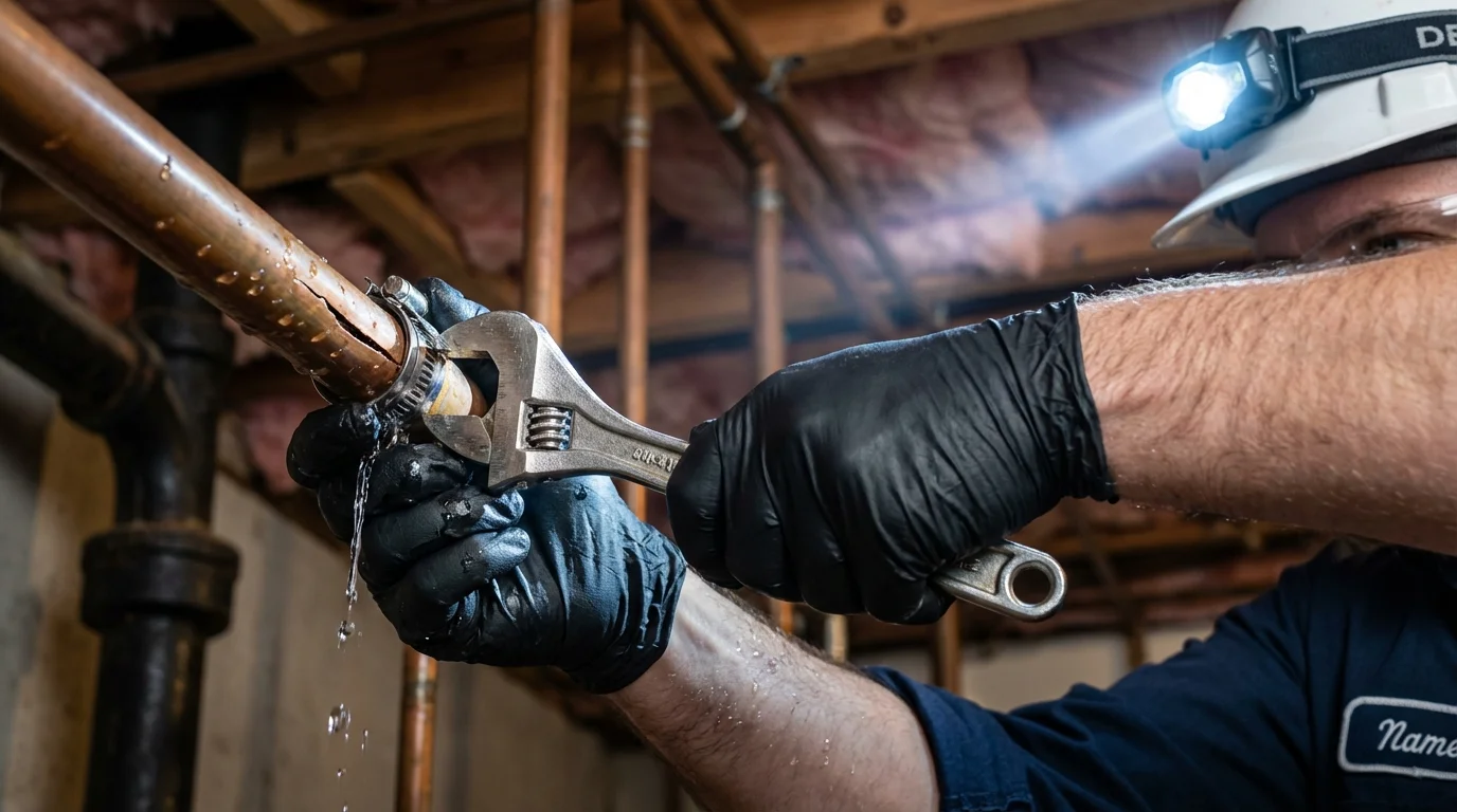 Emergency pipe clamp repair being performed by a Johns Plumbing LLC plumber in Manson