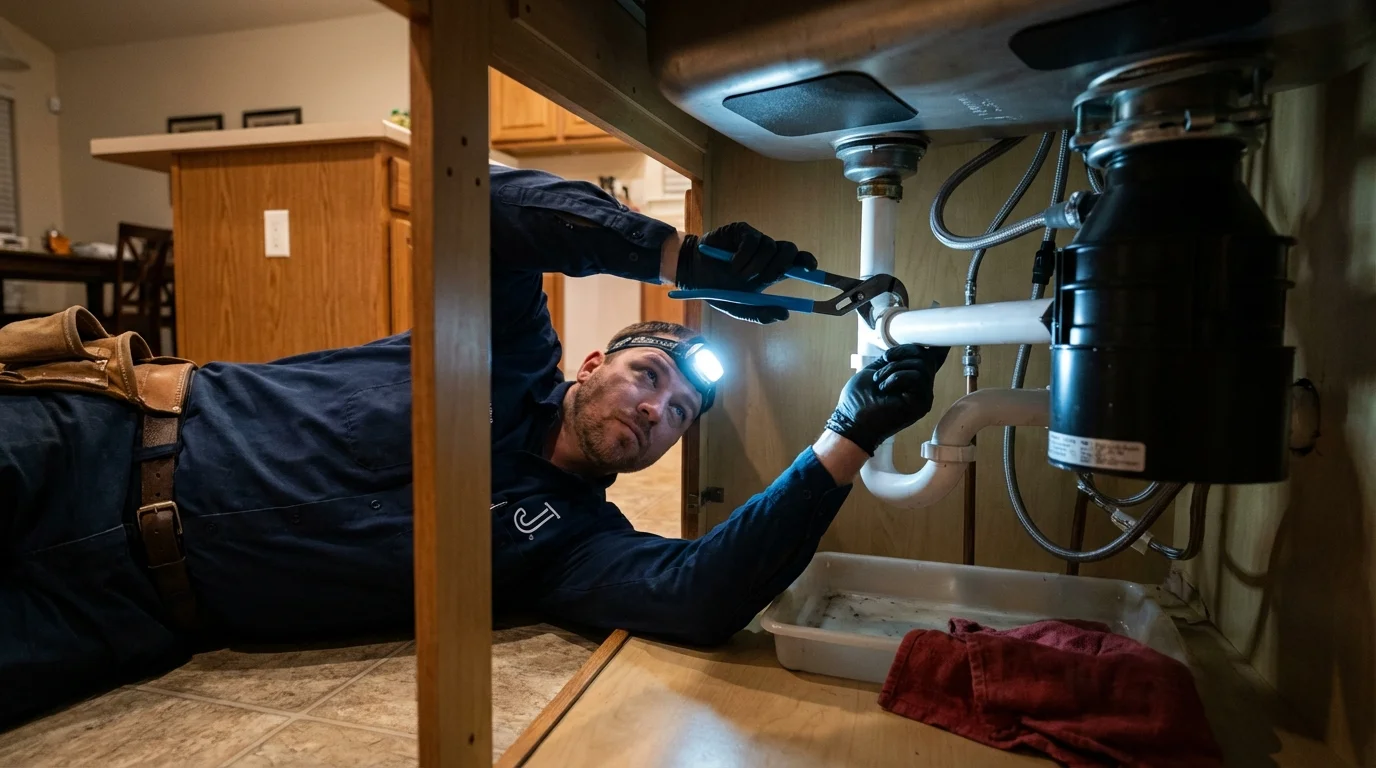 P-trap and supply line connections under a kitchen sink showing a common leak point in Manson, WA